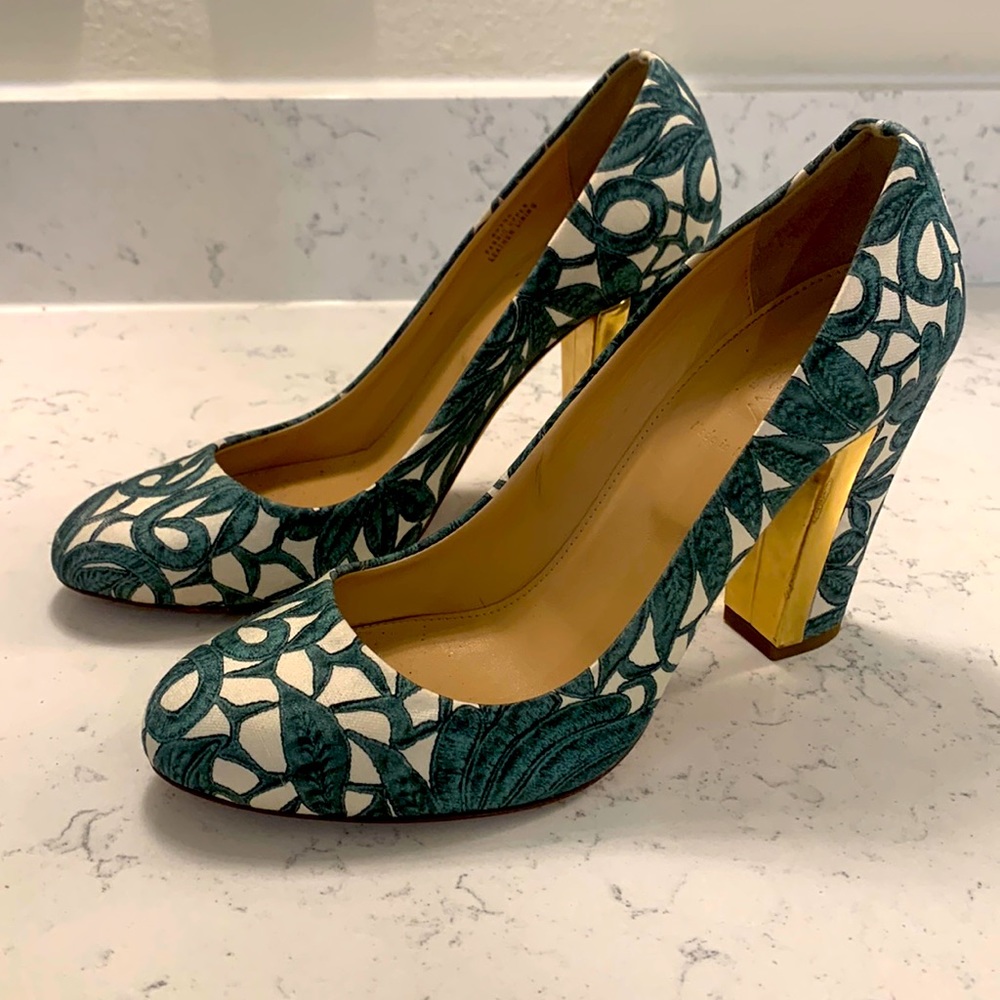 J. Crew Green and White Patterned Heels